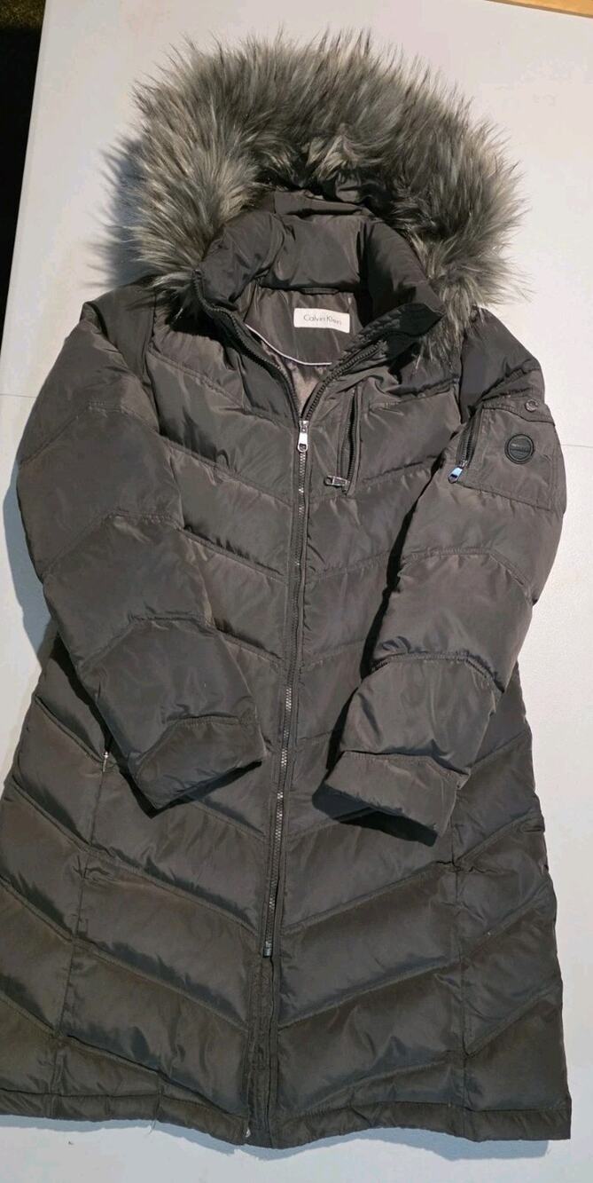 Calvin Klein Women's M Long Puffer Coat Black Faux Fur Hood Winter Jacket
